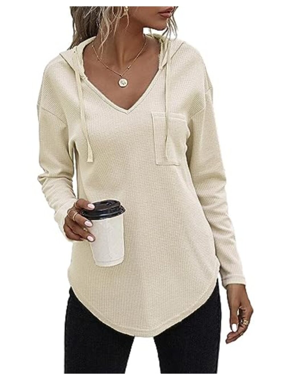 Waffle Knit Hooded Tunic Sweatshirt V-Neck Long Sleeve Pullover